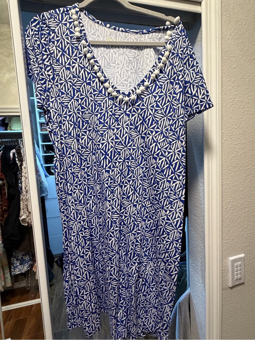 Lilly Pulitzer Blue and White Geometric V-Neck Swim Coverup